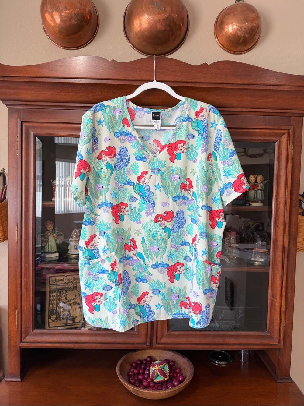 Disney Mint Green Ariel Print Scrub Top with Red & Blue Accents